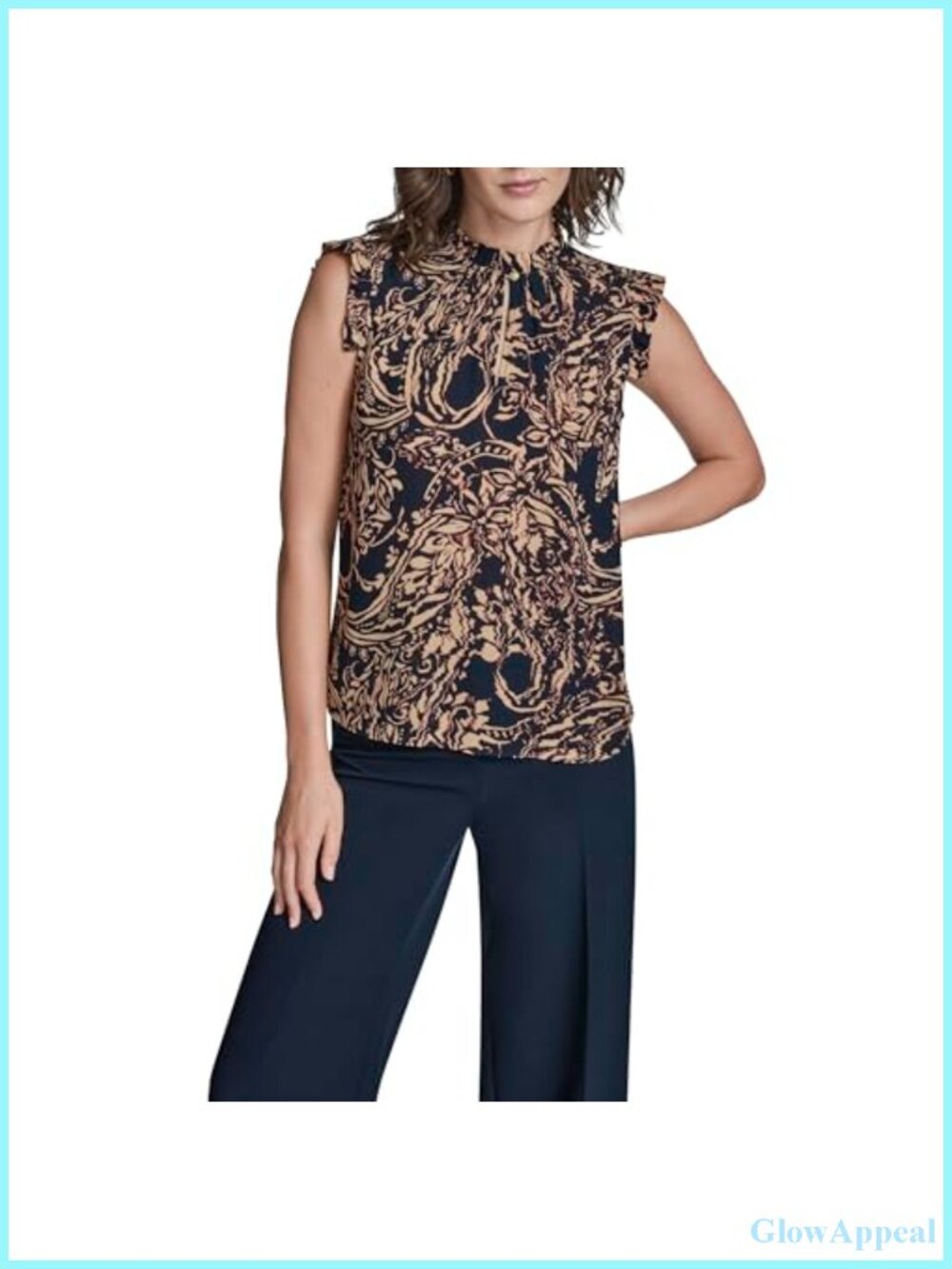 Flutter Sleeve Keyhole High Neck Printed Blouse
